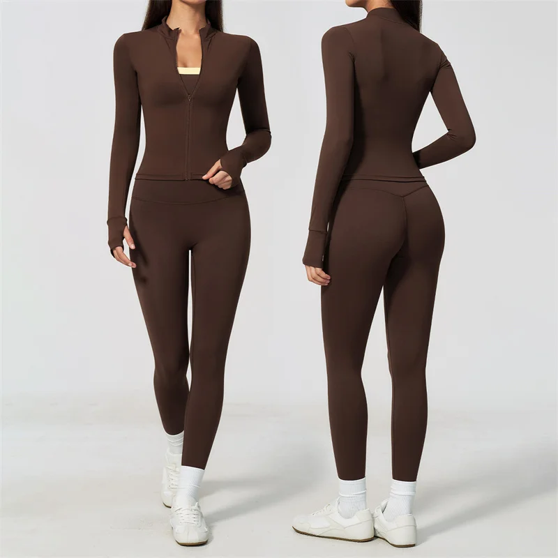 TRY TO BN Women  2 Piece Yoga Set Long sleeves Coat Fitness Top Workout Gym Clothing Breathable High Waist Leggings Sports Suits