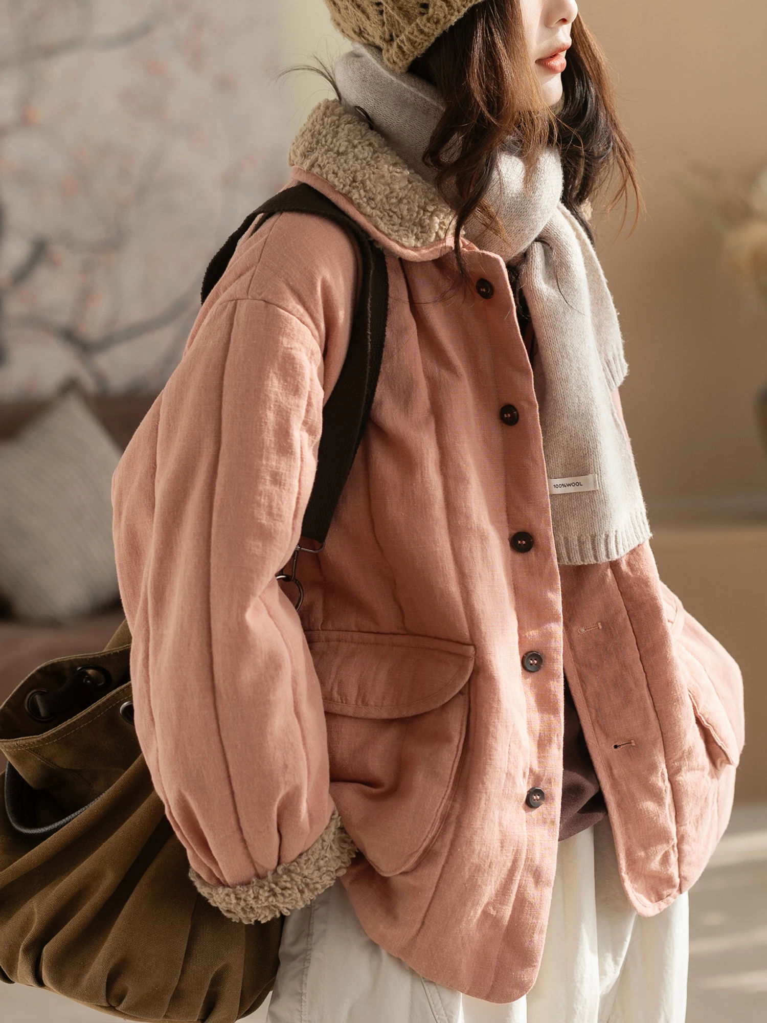 

Женская хлопковая куртка K из 70% льна, повседневная, универсальная, с хлопковым наполнителем, модная, в корейском стиле, свободного кроя, с длинными рукавами