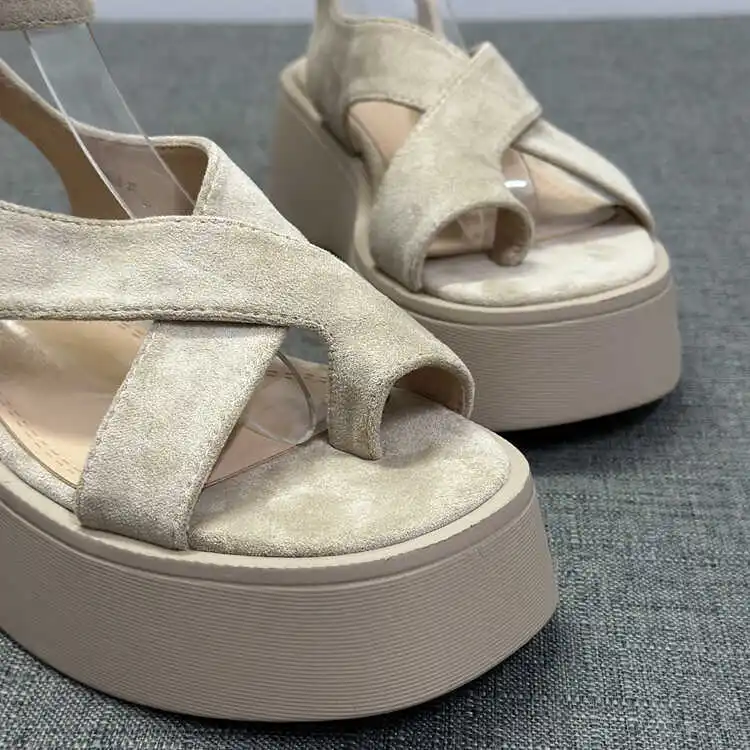 Med Open Toe Cross Fashion Womens Shoes 2024 Clogs With Heel Buckle Wedge Sandals Summer Suit Female Beige Flip Flops Platform M