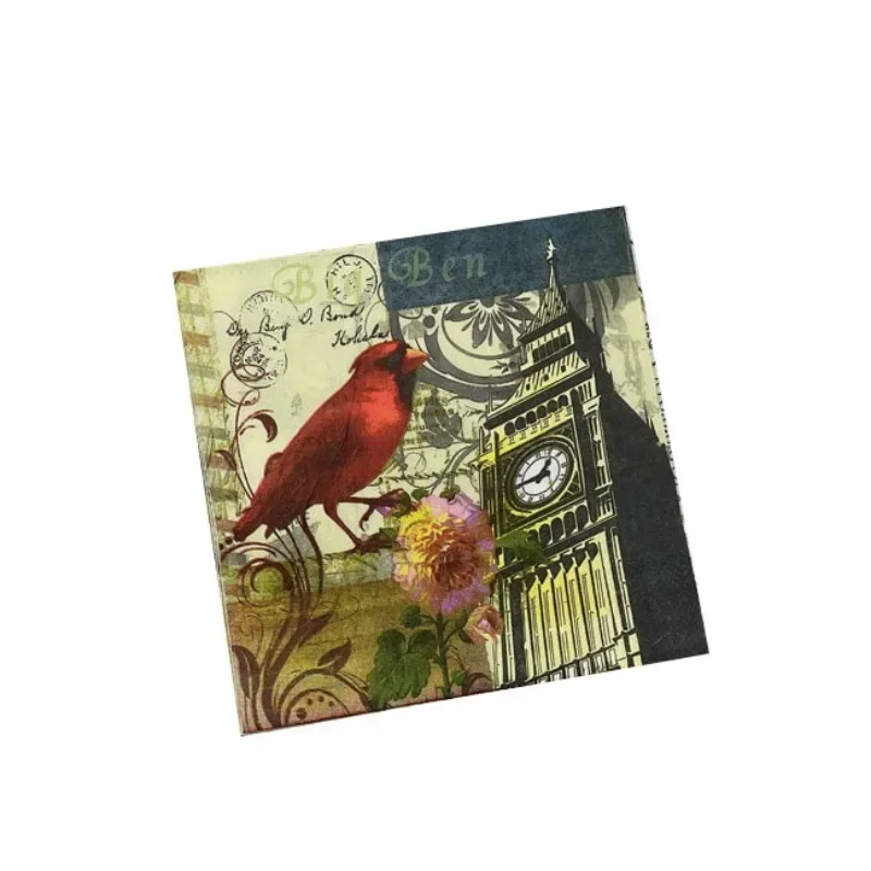 20pcs/Pac Colourful Printed Napkins Vintage Flower Bird Clock Butterfly Gubat DIY Paper Napkins Party Wine Glass Flower Paper