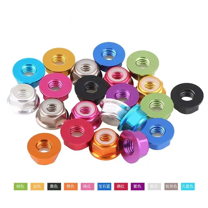 10pcs M2 M3 M4 M5 M6 Aluminum Alloy Flange Nylon Lock Nut Nylon Anti-loose Hex Nut Insert Lock Nut Colourful Anodizing 11 Color