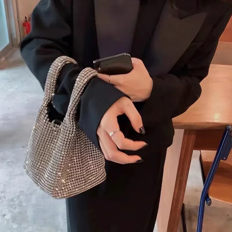 

Shiny Crystal Clutch Purse Bucket Shoulder Bag Rhinestone Handmade Purses and Handbags Luxury Designer Evening Clutch Bag Purse