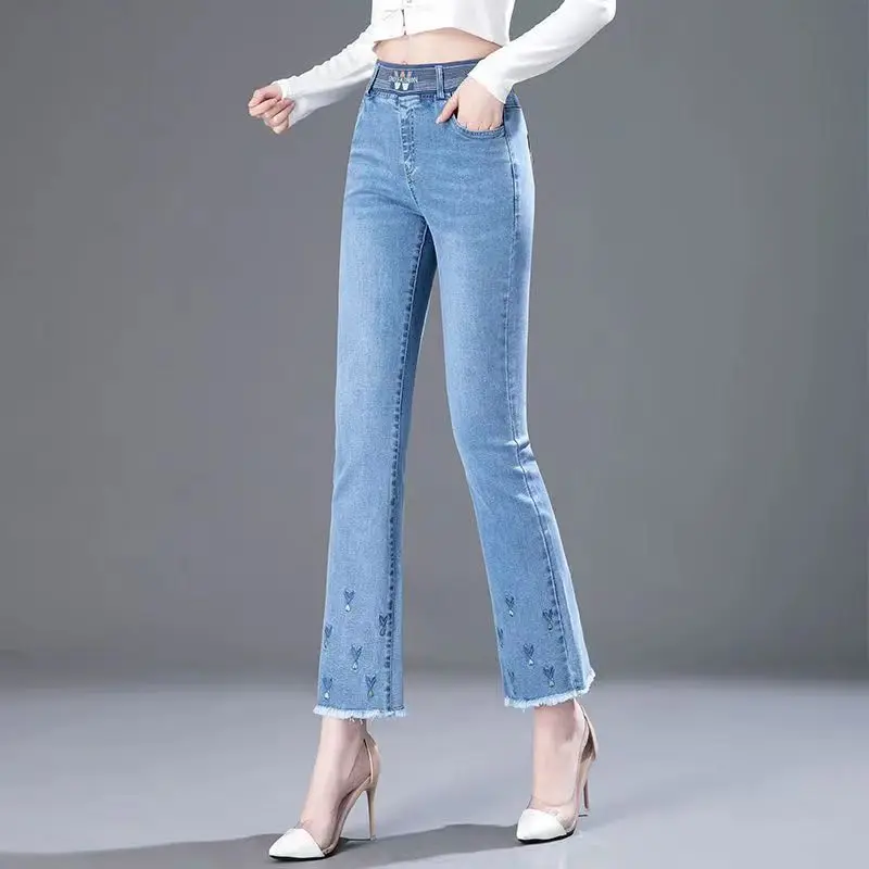 Elastico in vita svasato a nove punti taglio a stivale abbigliamento donna jeans autunno vita alta moda pantaloni comodi elastici tutto-fiammifero