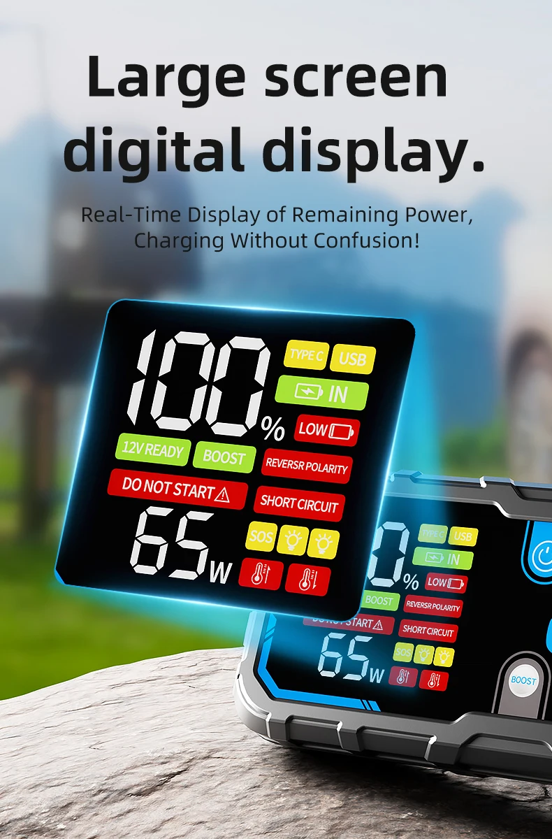 Professional 12V Auto Battery Booster, Anti-Explosion Battery, Large Screen Display & LED Lighting, Ideal fo