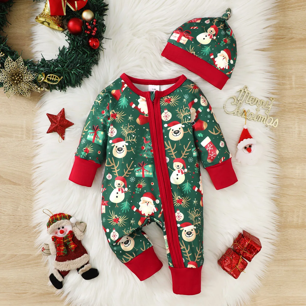Weihnachts-Body für Babys, Mädchen, mit Weihnachtselementen, Reißverschluss, langärmeliger Body + Mütze, passend für Babys im Alter von 0–18 Monaten, Neujahrskleidung