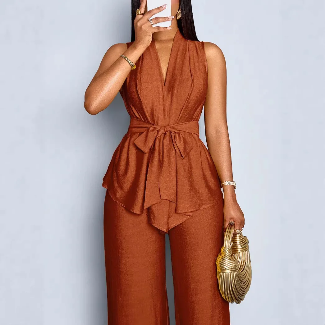 

Women's Two-Piece Sets V Neck Sleeveless Peplum Top+Wide Leg Pants Set Waist Tie Belt Elegant Office Casual Outfit For Summer