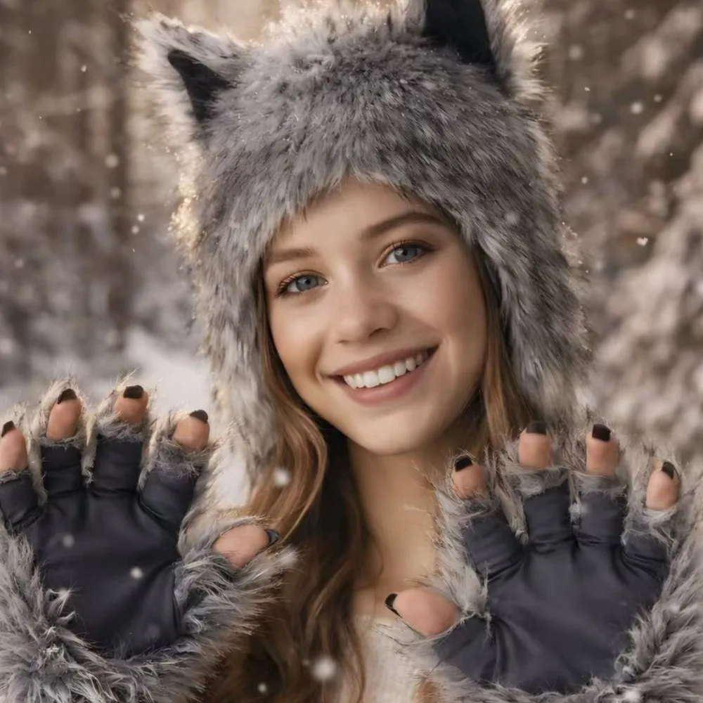 Plush Material Werewolf Paw Mitten Fluffy Texture Hairy Halloween Costume Gloves Gray Color Lolita Cosplay Wolf Claws