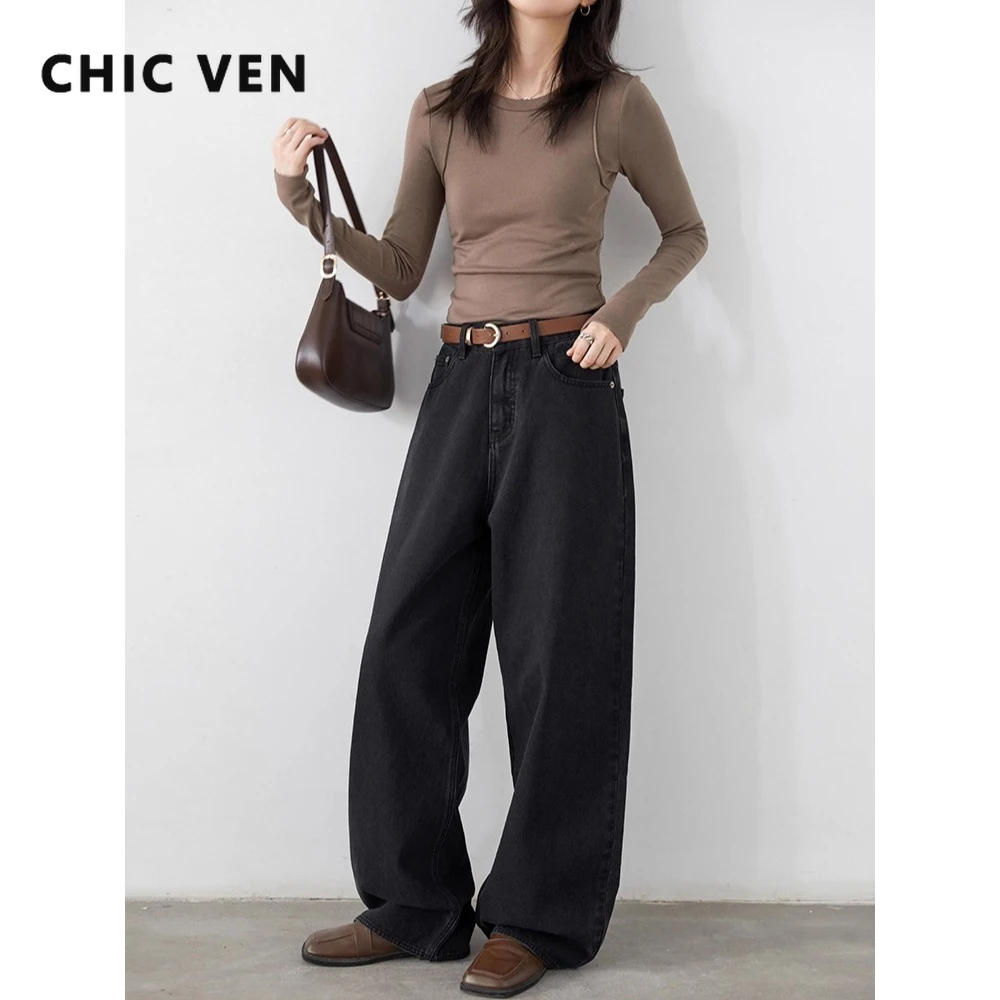 CHIC VEN Korean Women Plus Jeans New Casual Retro Wide Legs Denim Pants Slim Female Trousers Spring Autumn 2025