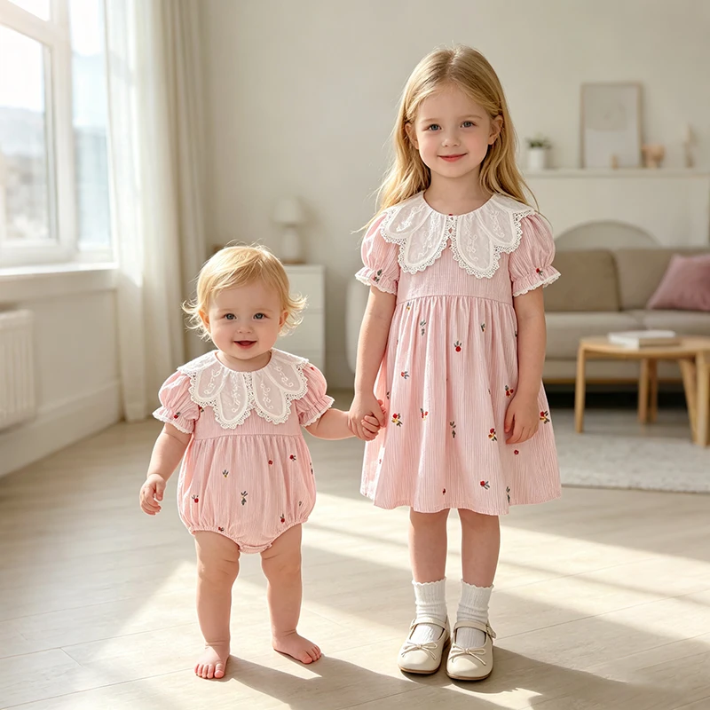 2026 Summer 0-24M Baby Girl Embroidery Collar Bodysuit 2-6Yrs Kid Sweet Party Short Sleeves Lace Collar Dress Pink Sister Dress