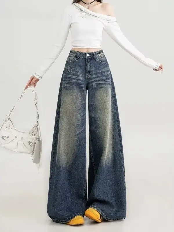 

American Retro High Waist Wide Leg Jeans Women's Spring New Large Size Fat MM Loose Slim Straight Floor-Length Pants