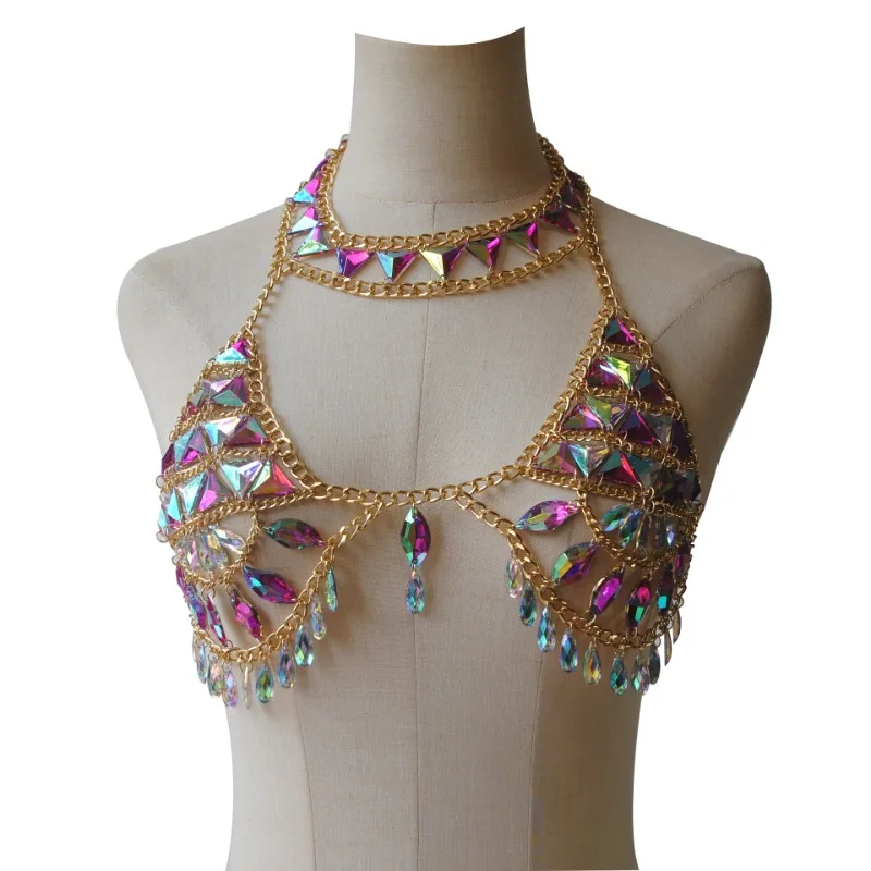 Customized Sexy Steel Tube Belly Dance Bra Color Diamond Crystal Pendant Chest Chain Personalized Waist Chain Body Chain