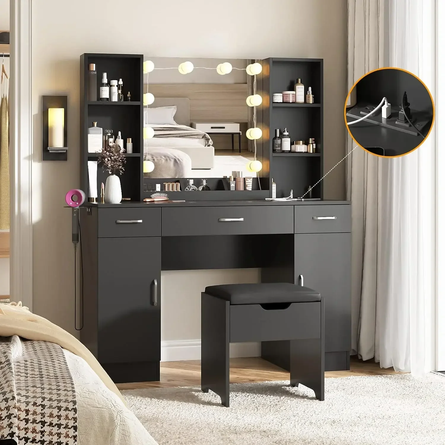 

Makeup Vanity Table w/ Lighted Mirror & Power Strip,Large Vanity Desk w/ Lots Storage & Charging Station,3 Lighting Modes