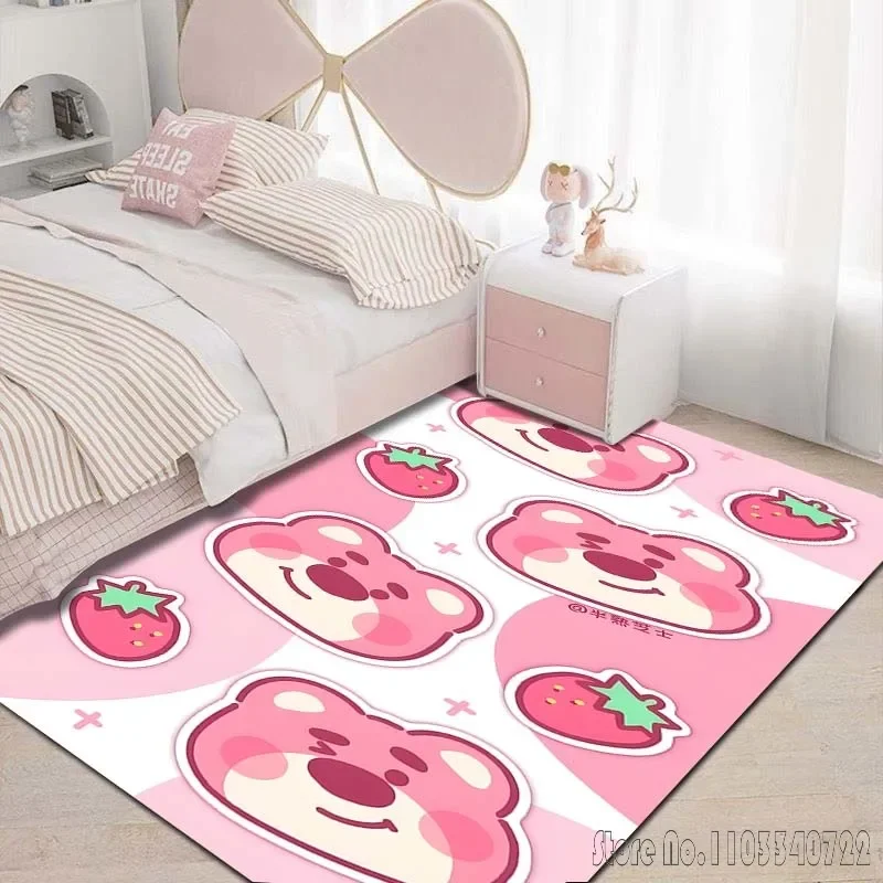 Karpet motif kartun Disney Lotso beruang, karpet untuk ruang tamu, Kamar tidur, keset lantai, dekorasi antiselip untuk dekorasi ruang anak perempuan, kamar merah muda