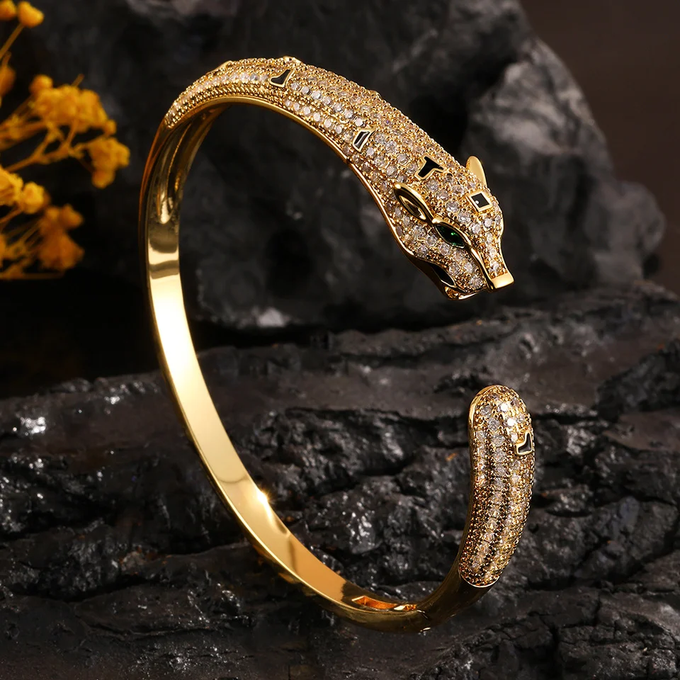 

European American Fashion Leopard Bangle, Exaggerated High-End Wristband, Hip Hop Full Diamond Open Cuff
