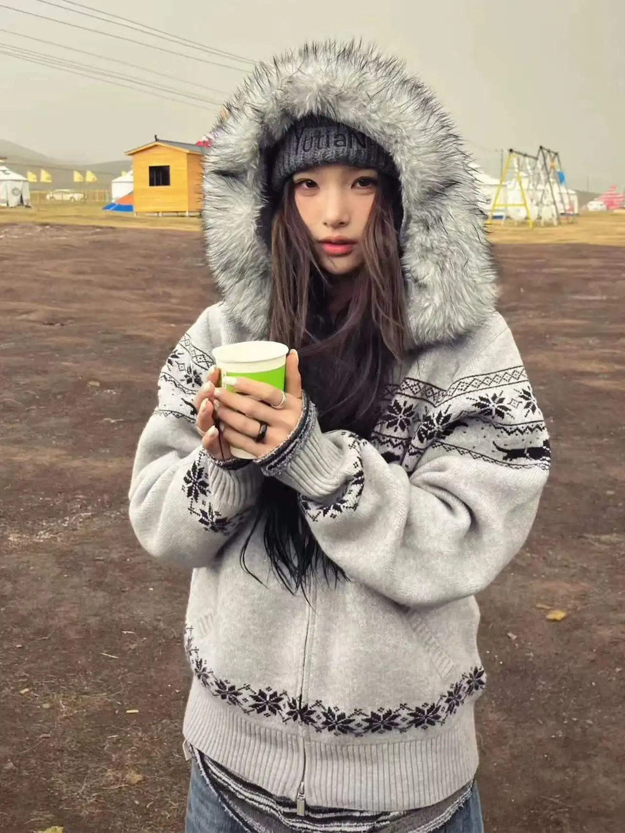 

American Retro Fair Isle Fce Lined Knitted Cardigan Hooded Coat Men's Loose Versatile Knitting Outerwear Ciwalk Spring