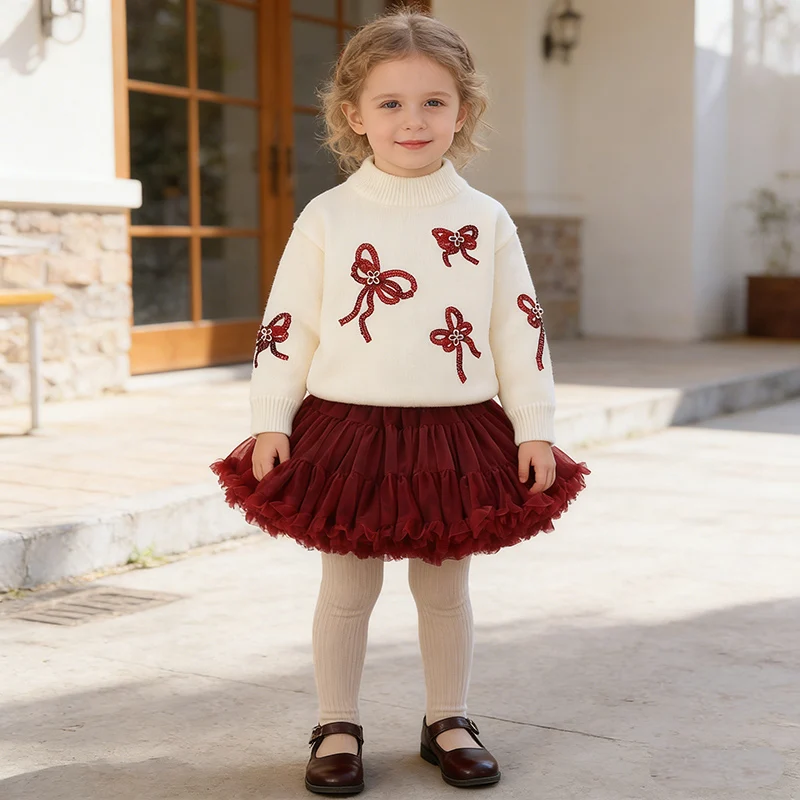 2026 New Spring 2-6Yrs Baby Girls Clothing Set Children Knitted Clothes Suit Long Sleeved Knitted Pullover Sweater+Short Skirt