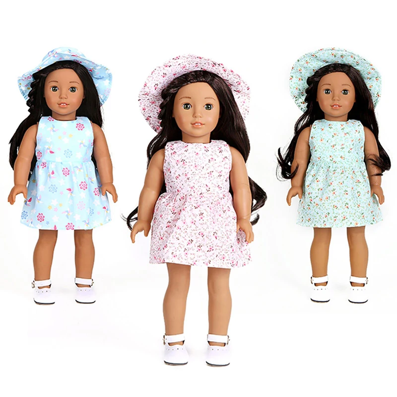 Zestaw sukienek z kapeluszem pasuje do 16-18 cali/40-45 cm Born Baby Doll ubranka Rebirth Doll amerykańska dziewczyna sukienka w kwiaty kapelusz przeciwsłoneczny akcesoria dla lalek prezent — zdjęcie 4