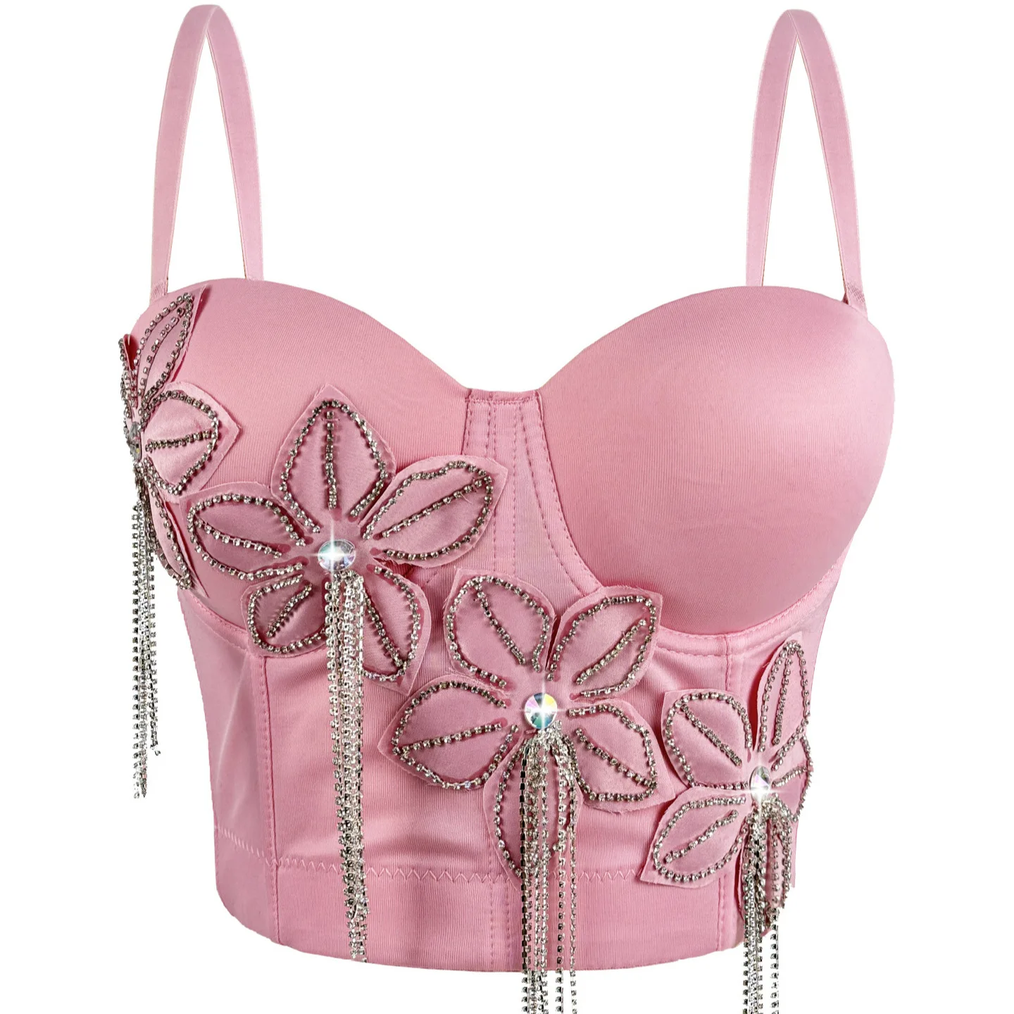 

Flower Rhinestone Chain Fringed Fish Bone Bra Heavy Industry Slim Fit, Sling Vest and Sexy Fish Bone Top Crop Top Women