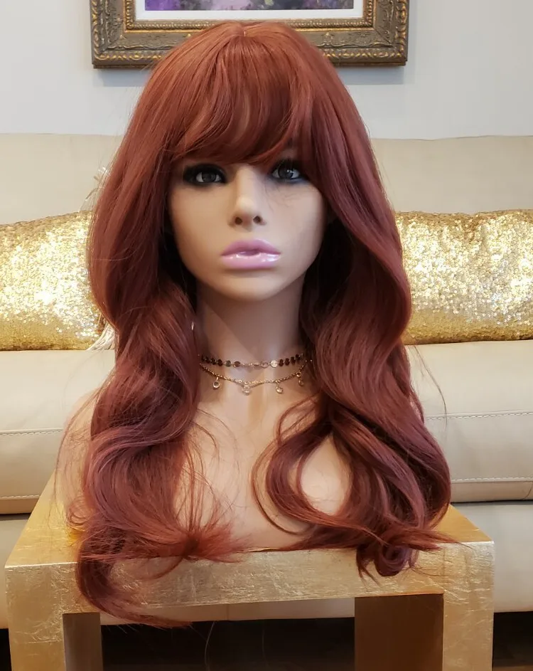 Wig Cosplay US 24 inci dengan poni Rambut Sintetis Wanita Fashion Penggunaan Sehari-hari Merah Anggur