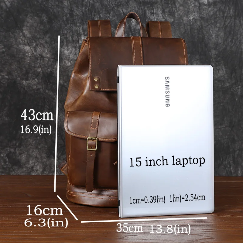 Mochila De piel de vaca de gran capacidad para ordenador, bolso de viaje con cordón de cuero Crazy Horse