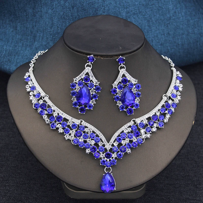 Elegant 2pcs Rhinestone Crystal Choker Necklace Sets for Women Fashion Jewelry Sets Bridal Wedding Dubai Necklace Earrings Set