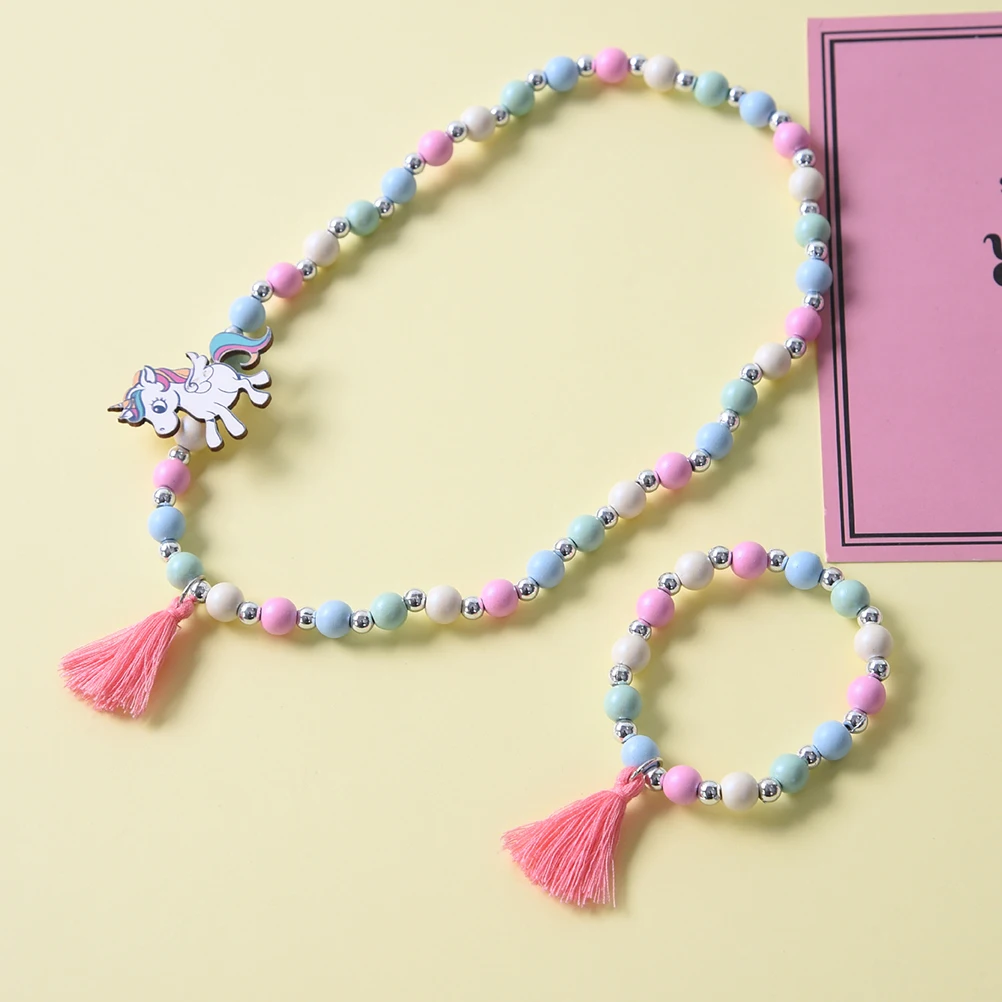 

Wooden Children's Necklace Bracelet Beaded Kids Unicorn Girls Gift Cartoon Jewelry The