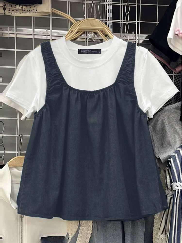 ZANZEA – ensemble deux pièces pour femmes, chemisiers et débardeurs d'été, col rond, manches courtes, couleur unie, chemise de travail élégante, surdimensionnée