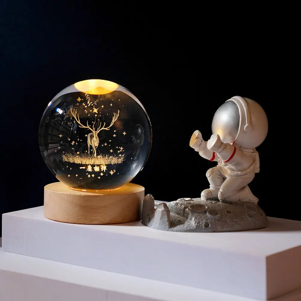 Modern Crystal Ball Desk Ornament 3D Galaxy Sphere LED Night Light Wood Stand Perfect Gift For Teachers Day