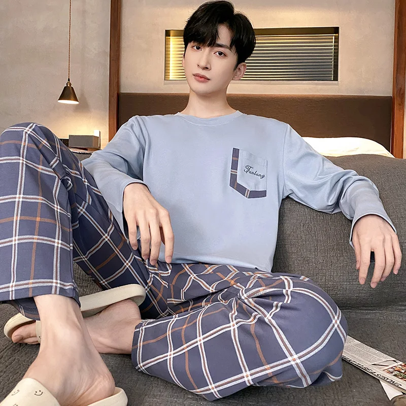 Spring Autumn New Mens Lattice Pajamas Casual Long-sleeved Trousers Sets Pyjamas Stripe Men Sleepwear Pijamas Homewear Fashion