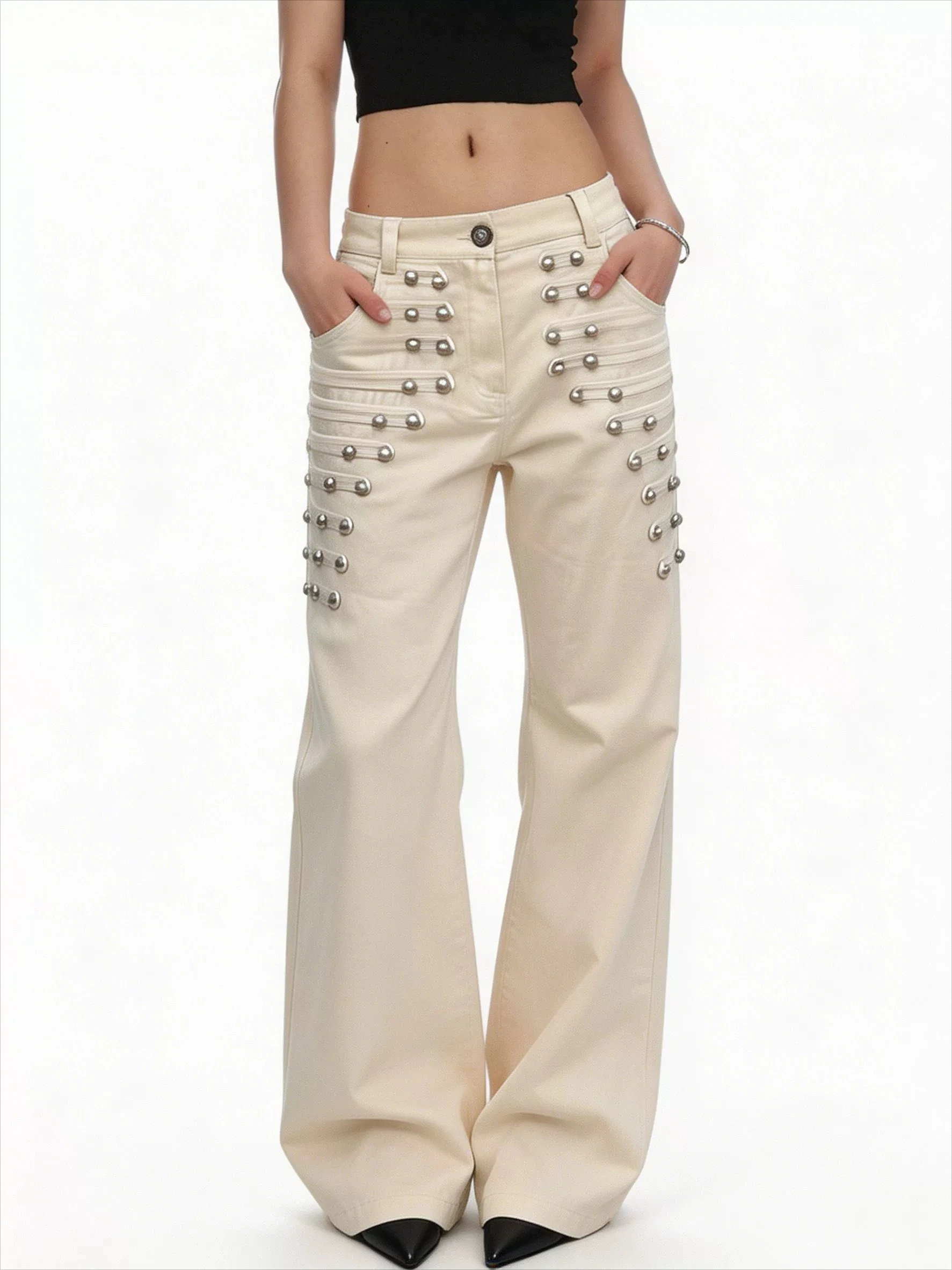 American Retro Metal Buckle Design Jeans for Women Y2k New Gothic Street Loose Wide-leg Floor Mopping Pants