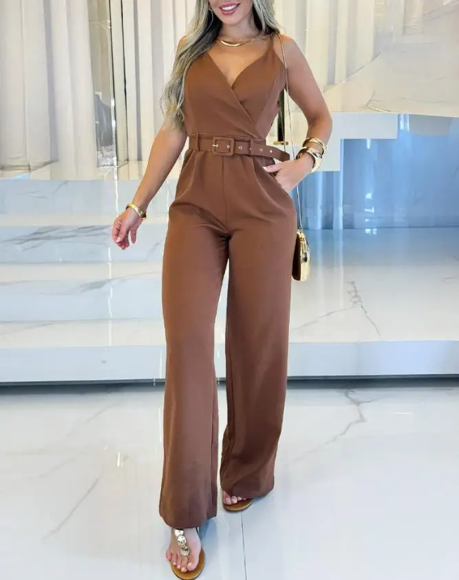 

Solid Color Slim Shoulder Strap V-Neck Back Zipper Slim Fit Jumpsuit for Women's Summer Elegant Casual Pocket Design Jumpsuit