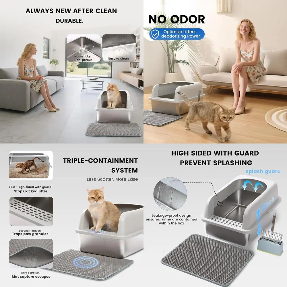 

Очень большой металлический лоток для кошек с крышкой, совком для наполнителя и ковриком, высокие бортики для предотвращения разбрызгивания, без запаха, легко чистится