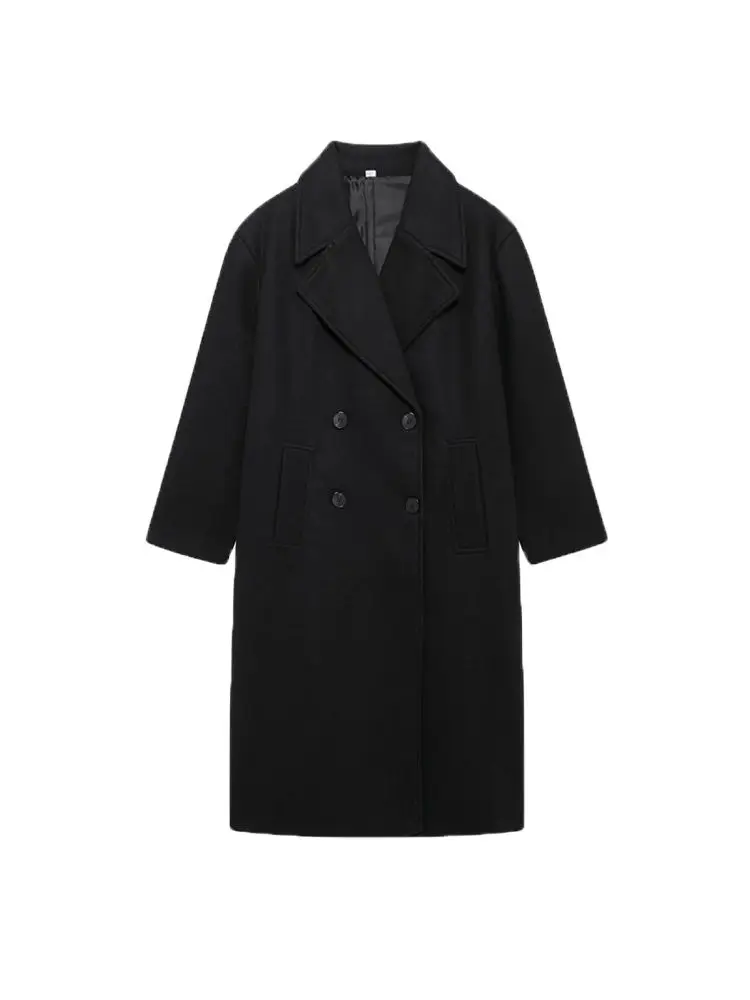 Women\'s Double Breasted Loose Woolen Coat, Lapel Collar, Long Sleeve, Female Outerwear, Chic Overcoat, Fashion
