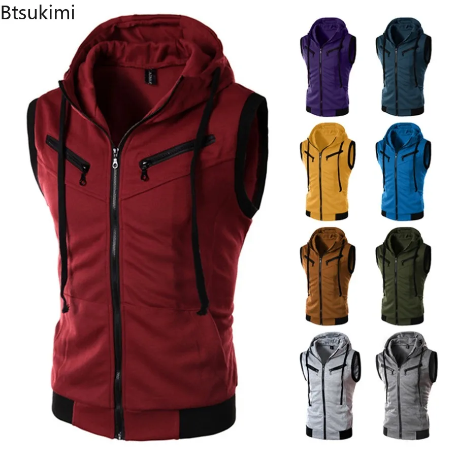 

2025 New Fashion Zipper Cardigan Tops Men's Sleeveless Hooded T-shirt Loose Casual Sport Tank Tops Male Streetwear Plus Size 5XL