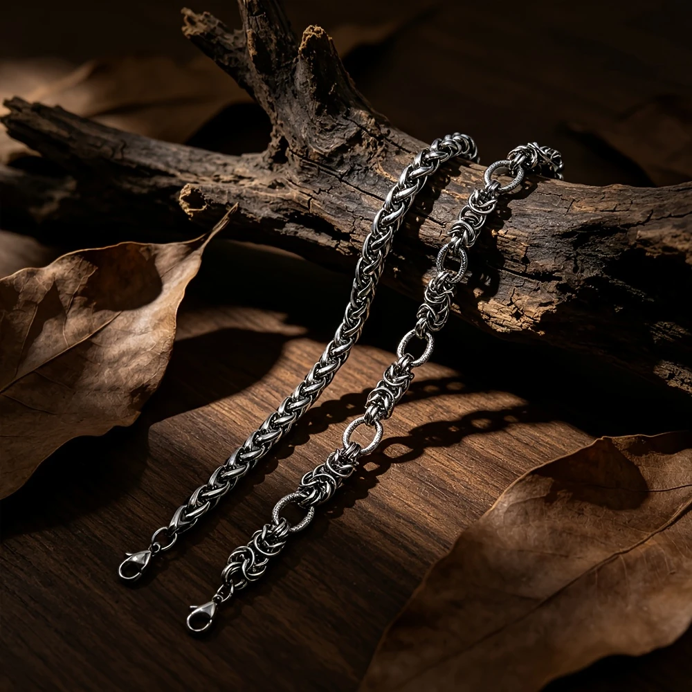 Two-Pack Men's Stainless Steel Bracelet Set, Cuban Chain Bracelet, Vintage Silver Stainless Steel Men's Chain Bracelet, 304 Stainless Steel Men's Wrist Bracelet, Hypoallergenic Men's Bracelet, Waterproof and Sweat-Proof Men's Jewelry, Unisex Street Style Bracelet, Stackable Multi-Layer Bracelet Set, Non-Oxidizing and Non-Discoloring Metal Bracelet, Durable Men's Accessory for Daily Wear. The First Choice for Gifts.