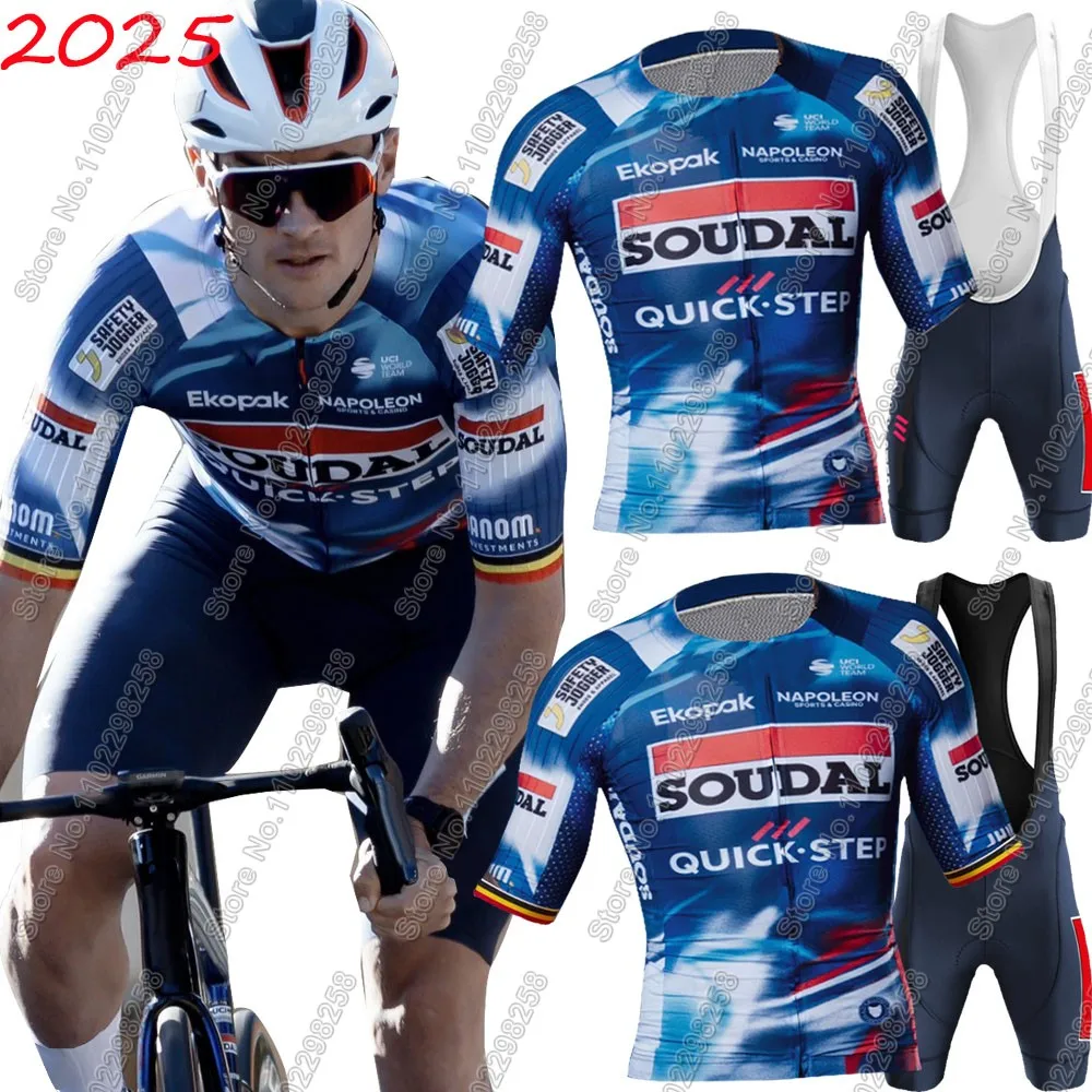 Soudal クイックステップ 2025 サイクリングジャージセット世界チャンピオンベルギー服男性ロードバイクシャツスーツ自転車ビブショーツマイヨ