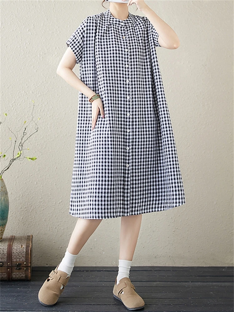 

2024 Summer Cotton Short Sleeve Vintage Plaid Dresses For Women Casual Loose Long Dress Office Lady Work Vestido Fashion Clothes