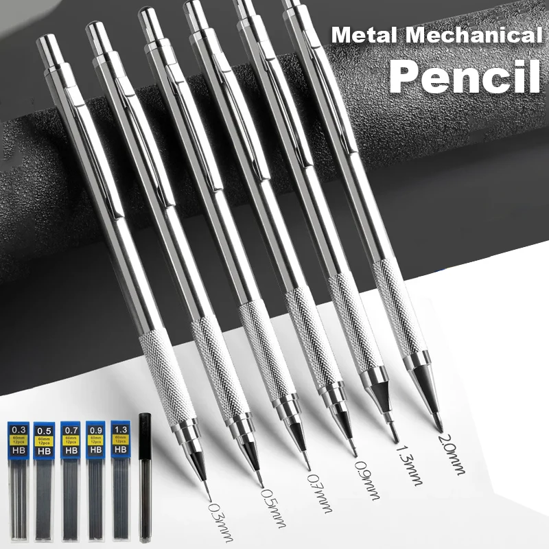 Metal Mechanical Pencil 0.3/0.5/0.7/0.9/1.3/2.0/3.0mm HB Pens For Student Drawing Writing Pen Office School Stationery Supplies