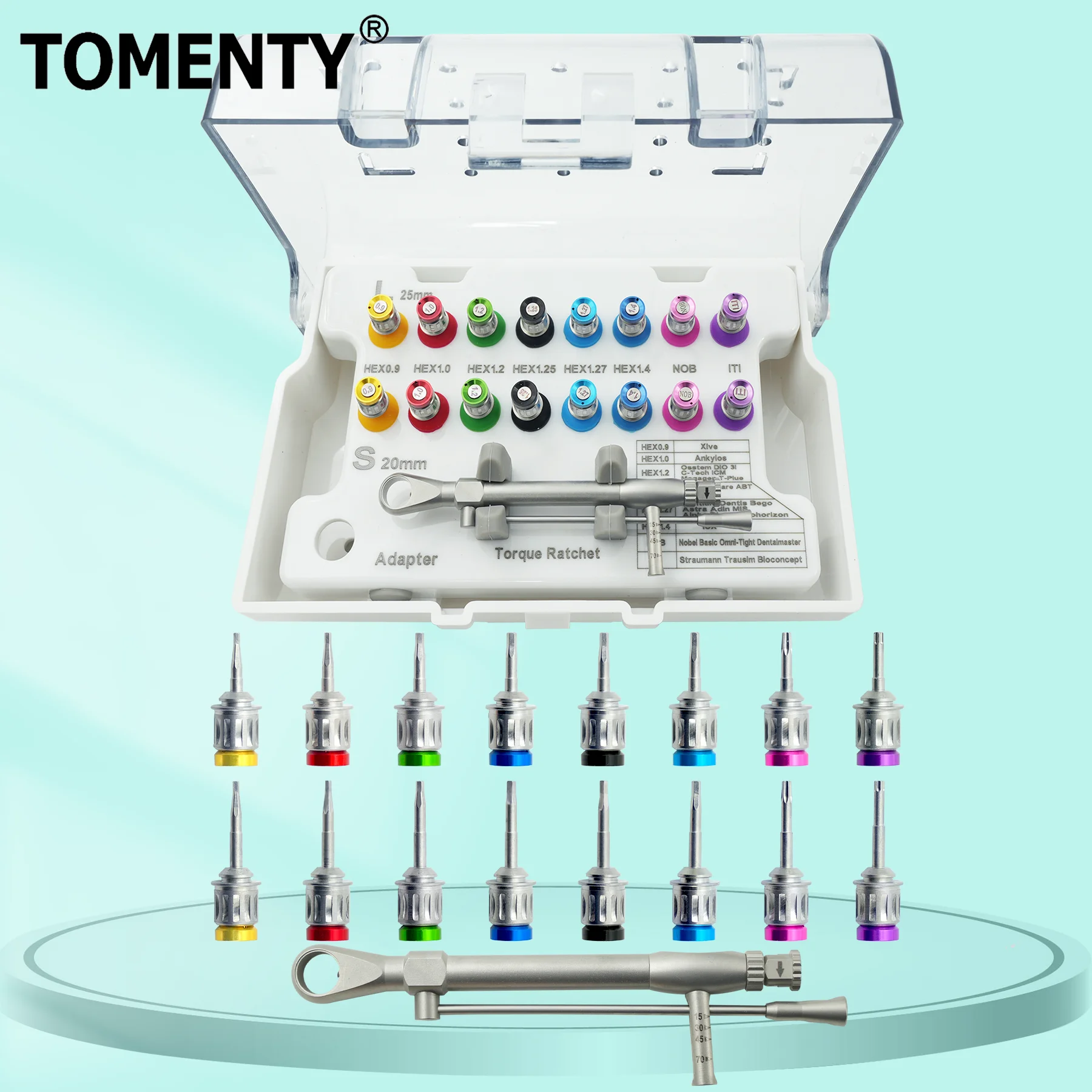 TOMENTY 16Pcs High Quality Dental Implant Screw Driver Colorful Torque Wrench Ratchet 10-70NCM with Drivers Wrench Kit