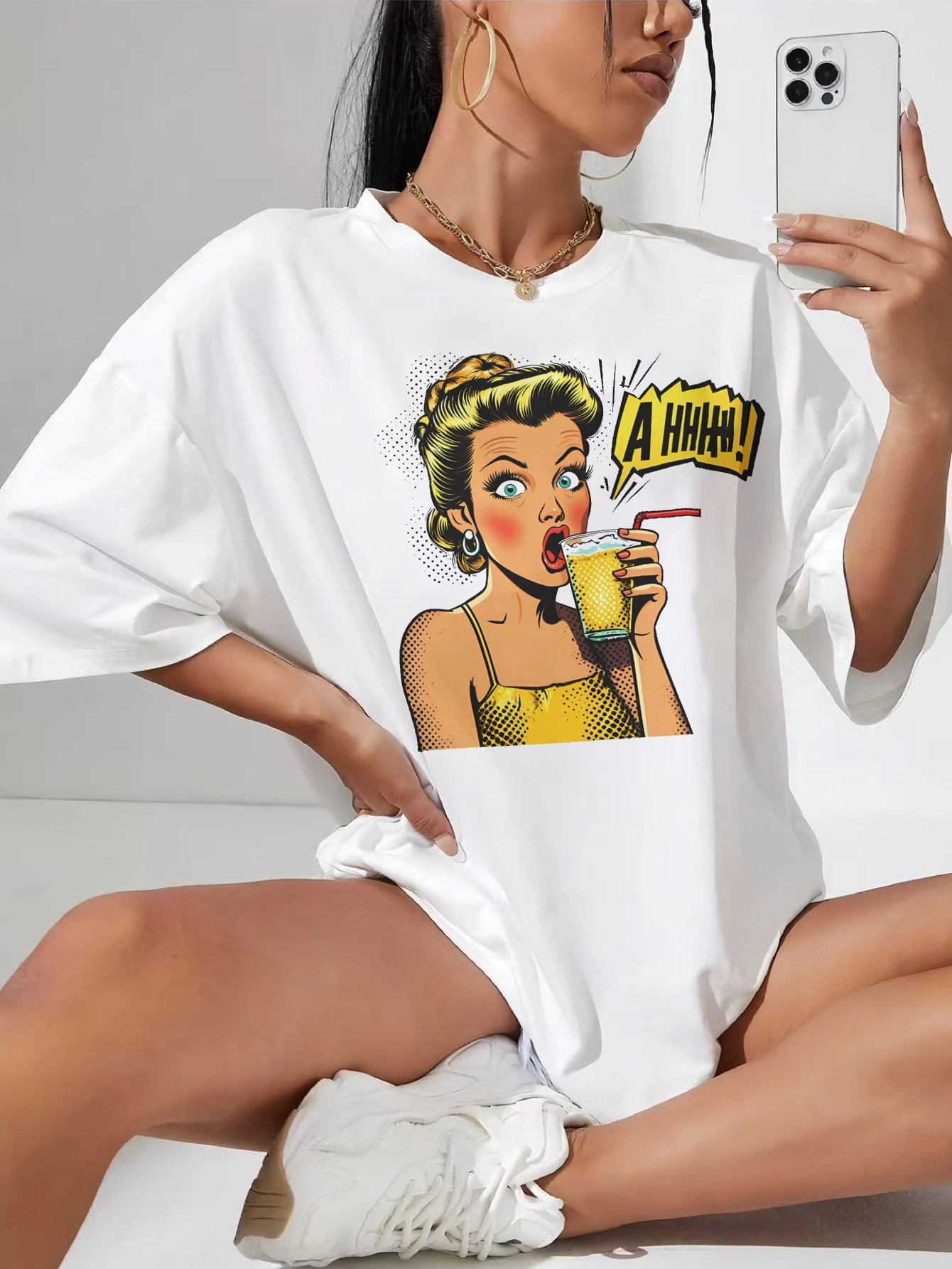

Retro-Pop-Art-Comic-Summer White Round Neck T-Shirt for Women Ideal for Post-Pregnancy Maternity Casual Days
