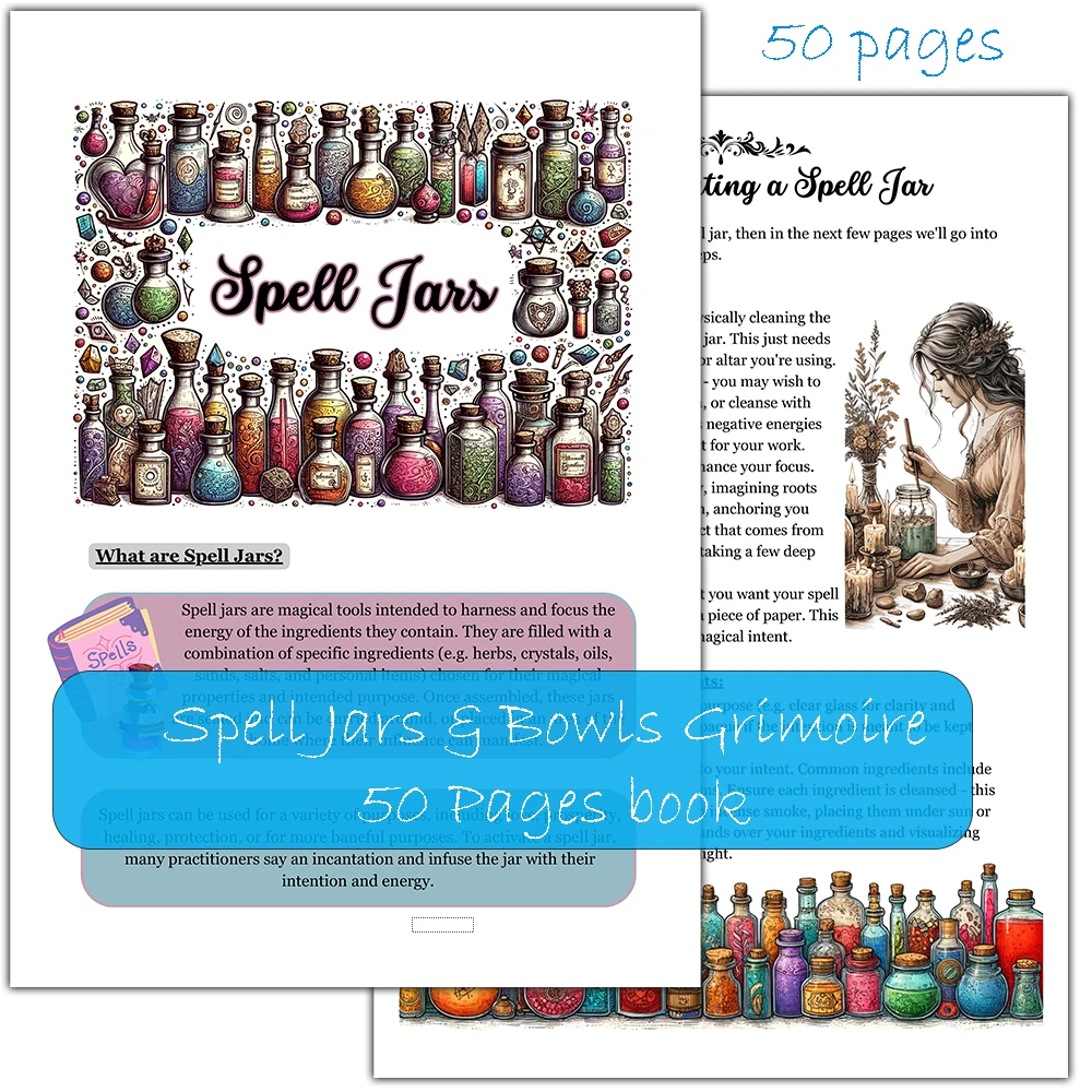 

Баночки с заклинанием Grimoire, 50-страничная книга магических рецептов, рецепты заклинания, защита от сглаза, заклинания богатства, книга теней