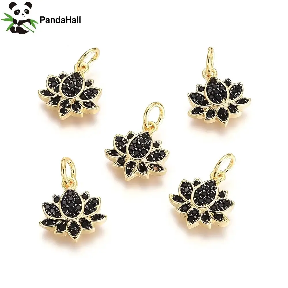 Pandahall Brass Micro Pave Cubic Zirconia Charms, with Jump Rings, Lotus, Black, Gunmetal & Golden, 12x11x2.5mm, Hole: 3.4mm