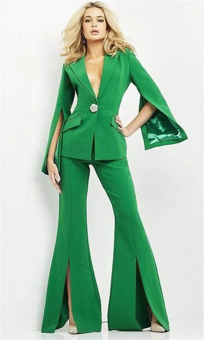 Green Women Suit Set Blazer+Flare Pants Crystal Button 2Pcs Formal Office Lady Coat Jacket With Split Sleeves Custom Made Tuxedo