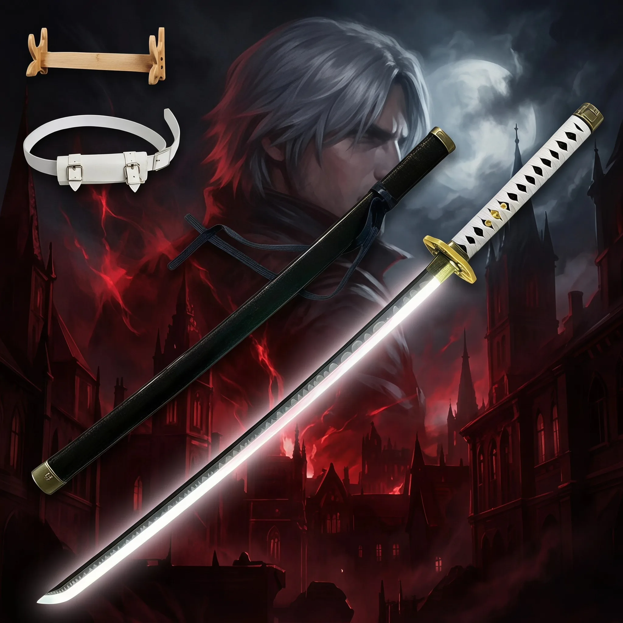 Espada Katana LED de 40 Pulgadas de Devil May Cry, Cuchillo Ninja, Set con Soporte y Cinturón, Seguro, Sin Afilar, para Cosplay, Exhibición y Fotografía