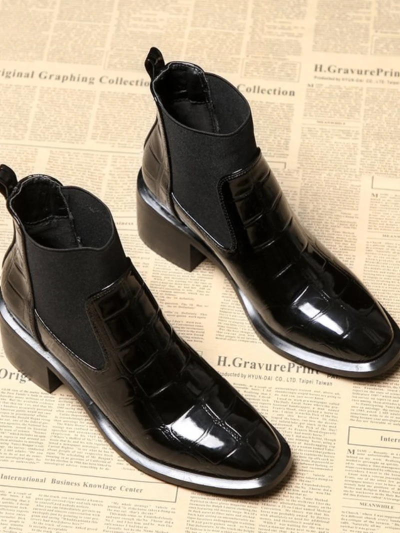 Platform Boots Women Square Heel Femmes Bottes Solid Fashion Slip On Elastic Ladies Shoes Short Plush Women's Ankle Boots Winter