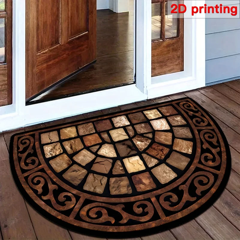VIKAMA Rustic Stone Mosaic Semicircular Doormat Non Slip Washable Entryway Floor Mat for Indoor Outdoor Front Door Decor Rug