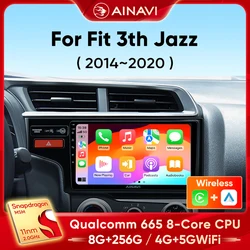 Radio samochodowe Ainavi Android dla Honda Fit 3 Jazz Jeez 2014-2020 Stereo Odtwarzacz multimedialny Bezprzewodowy Carplay Android Automatyczna jednostka główna