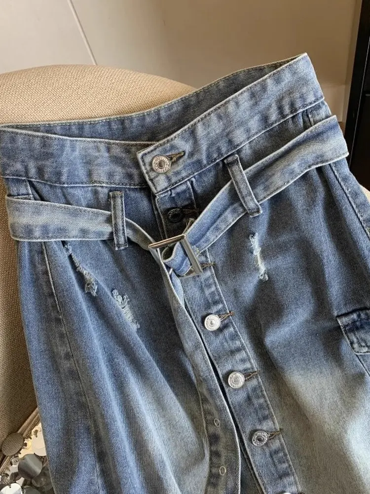 

Retro High-end Denim Skirt Summer Autumn High Waisted Multi Button Asymmetrical A-line Skirt New Personalized Women's Clothing
