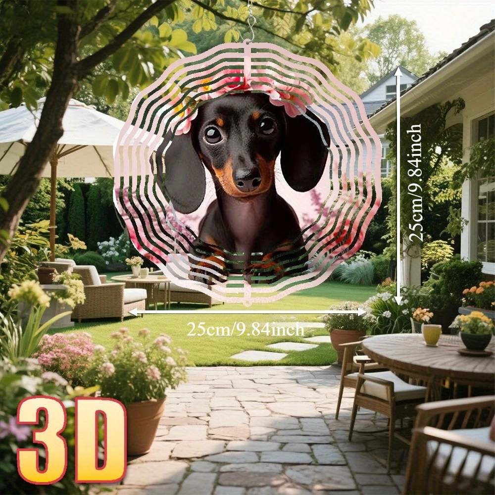 An aluminum 3D kinetic Dachshund dog wind spinner with a floral crown print hanging outdoors in a garden patio setup.