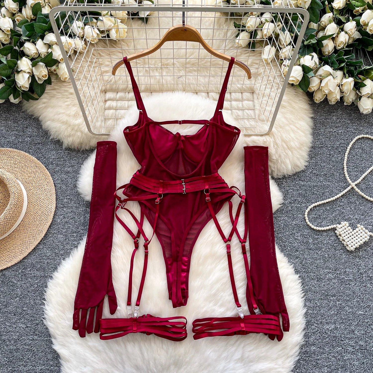 Women sexy Hotsweet Mesh Vintage Straps Bodysuits Chic Jumpsuits Slim Leg Rings  women clothing